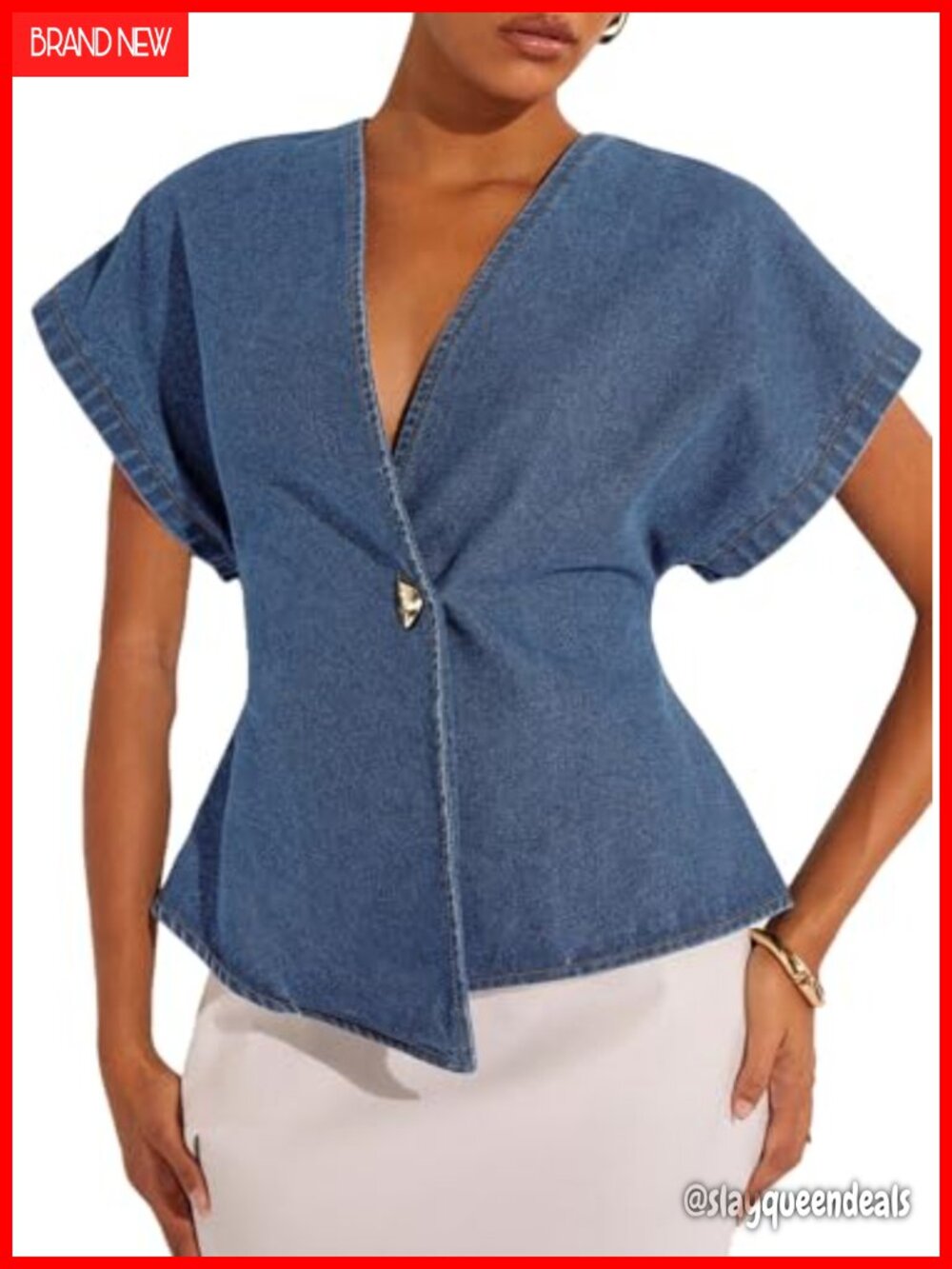 Women's Short Sleeve Button Down Denim Shirt | Cotton Blend Chambray Top